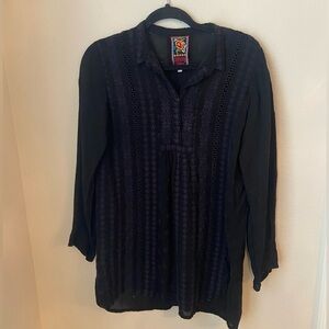 Johnny Was Black Sheer Embroidered Boho Tunic Top Size S